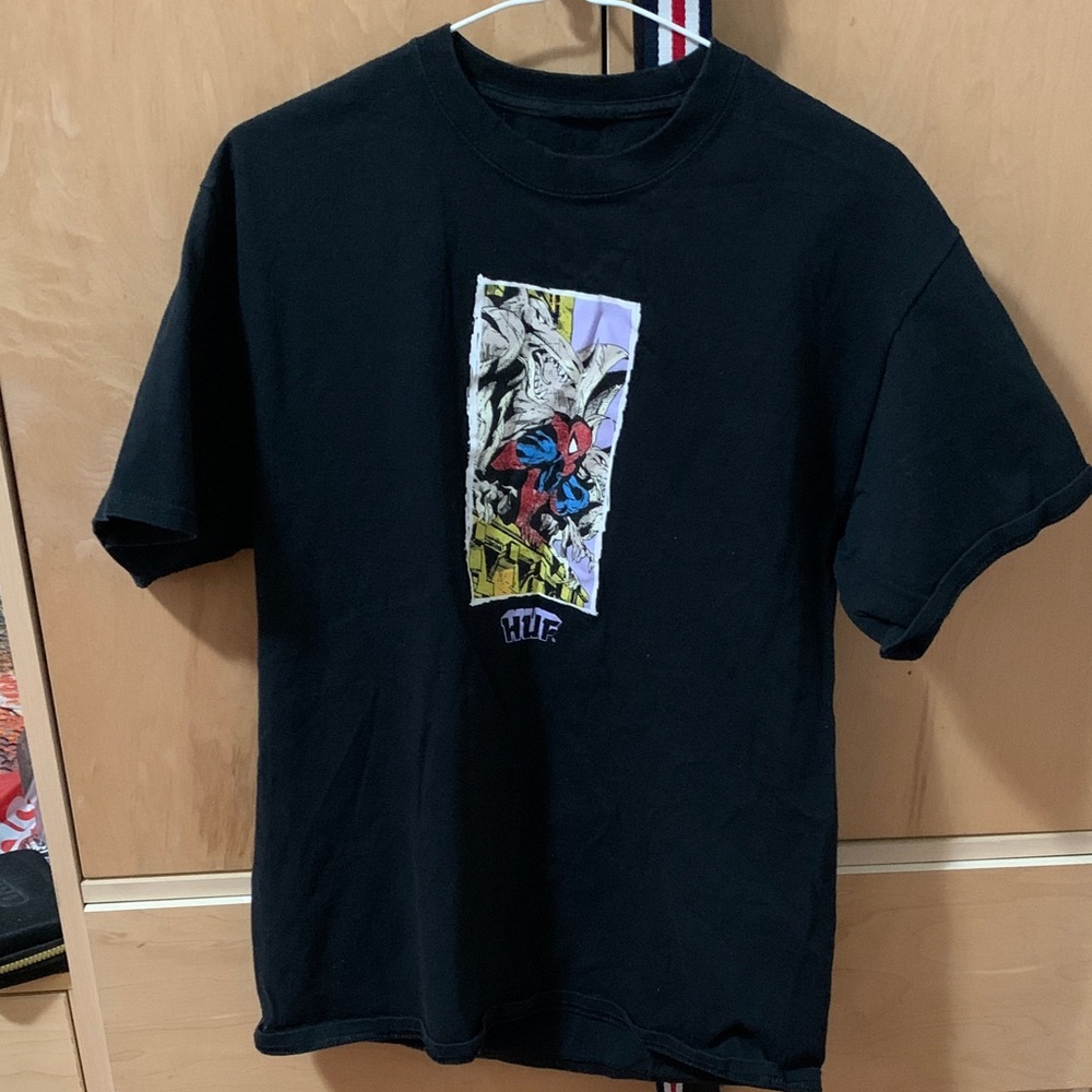 HUF Black Tee with Graphic Design marvel Spider-Man